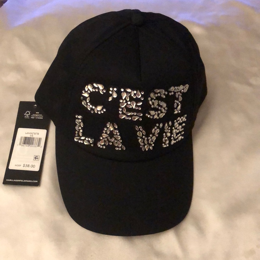 Karl Lagerfeld Paris Black & Clear Crystal C’est La Vie Baseball Cap OS NWT